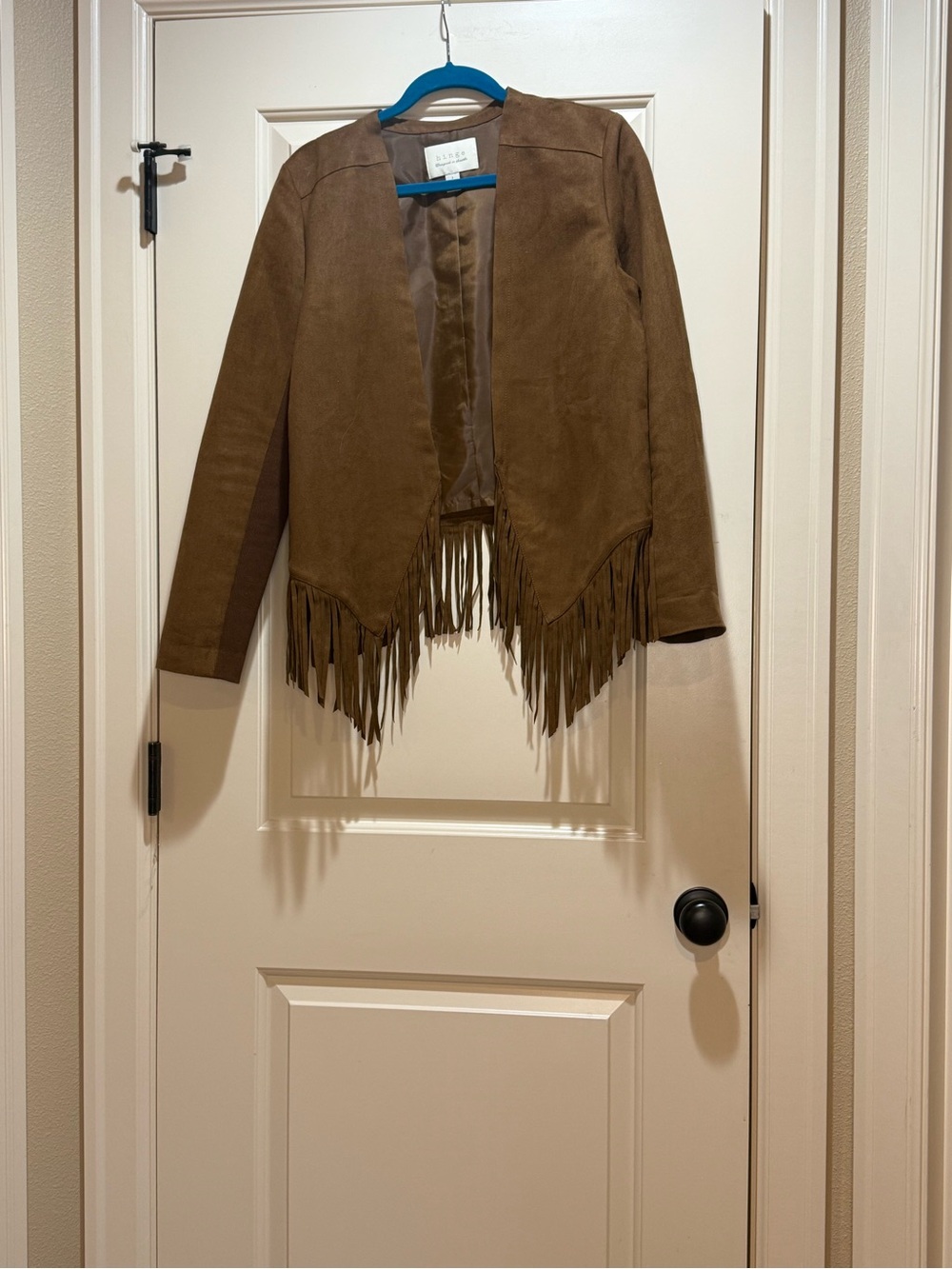 hinge Brown Faux Suede Fringe Open Front Jacket